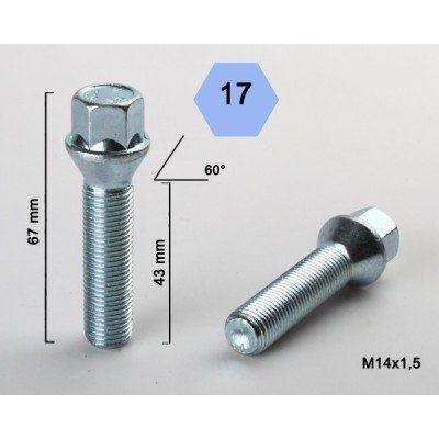 Wheel bolt M14x1.5x43 Conical H17 Silver