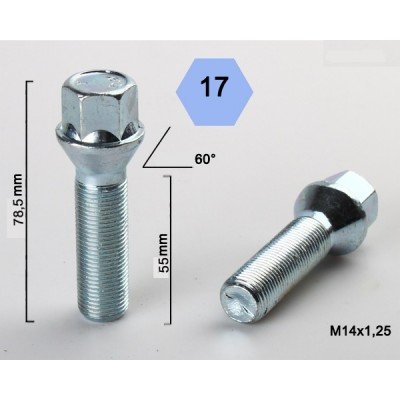 Wheel bolt M14x1.25x55 Conical H17 Silver