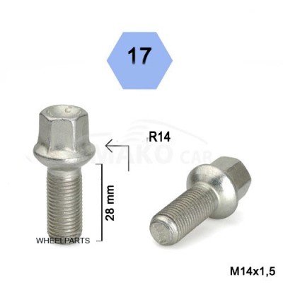 Śruby do felg M14x1.5x28 kula H17 R14 srebro