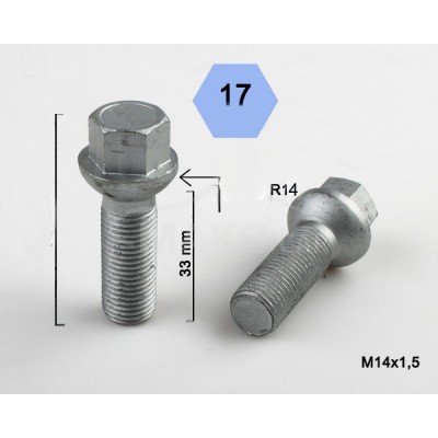 Wheel bolt M14x1.5x33 Ball seat H17 Silver R14