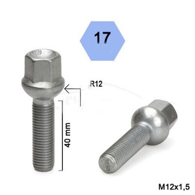 Wheel bolt M12x1.5x40 Ball seat H17 Silver R12