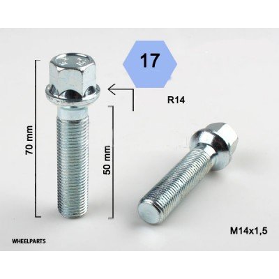 Wheel bolt M14x1.5x50 Ball seat H17 Silver R14