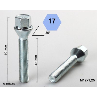 Perno de rueda M12x1.25x45 Cónica 60° H17 plata